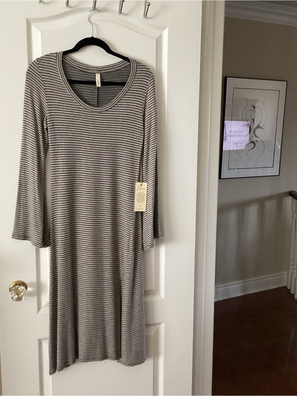 Striped Long Sleeve Grey & White Womenโs Dress